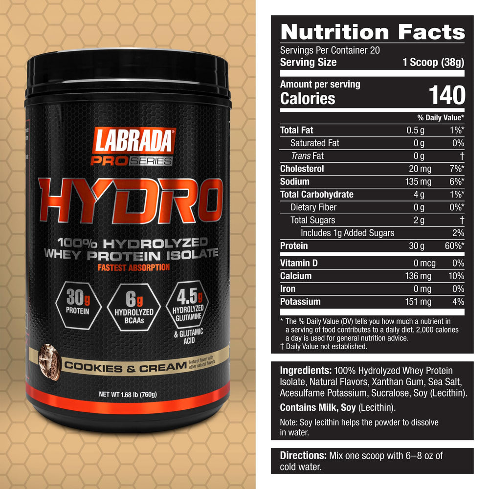 Labrada Hydro cookies-cream label highlights lactose-free formula and high protein promise.