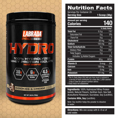 Labrada Hydro cookies-cream label highlights lactose-free formula and high protein promise.