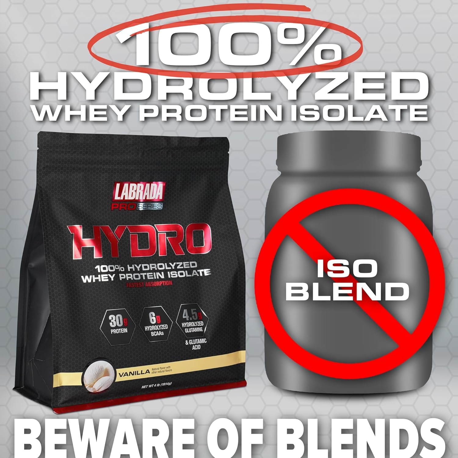 Labrada Hydro fast-absorbing whey matrix ideal after workouts.