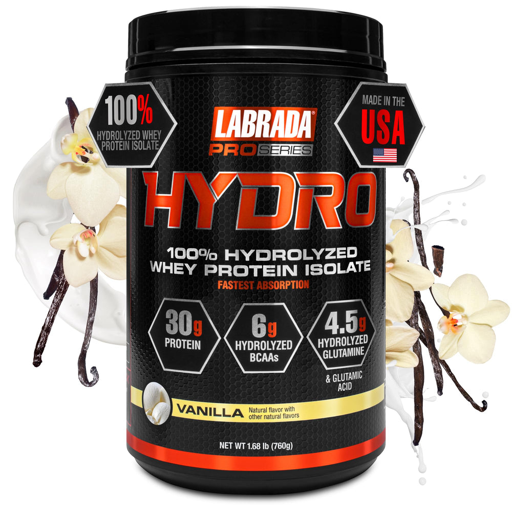 Labrada Hydro Vanilla bottle highlights 100% hydrolyzed isolate for faster absorption.