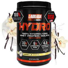 Labrada Hydro Vanilla bottle highlights 100% hydrolyzed isolate for faster absorption.