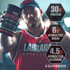 Labrada Hydro Vanilla label closeup emphasizes transparent ingredient list.