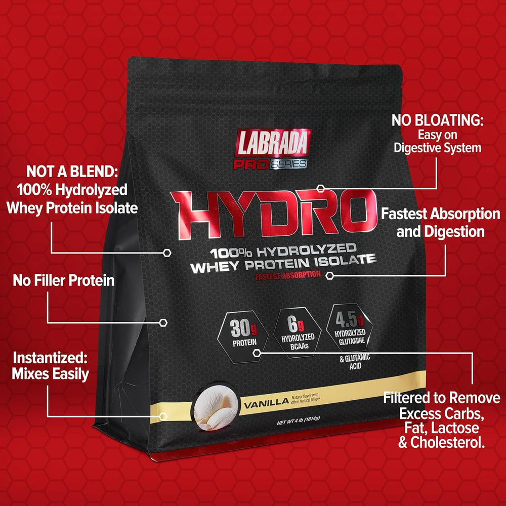 Labrada Hydro vanilla protein scoop dissolving in a glass for quick shakes.