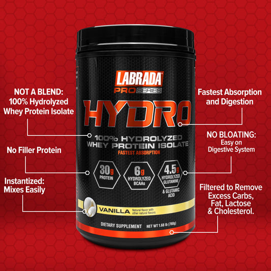 Labrada Hydro Vanilla scoop with glass illustrates convenient instant mixing.