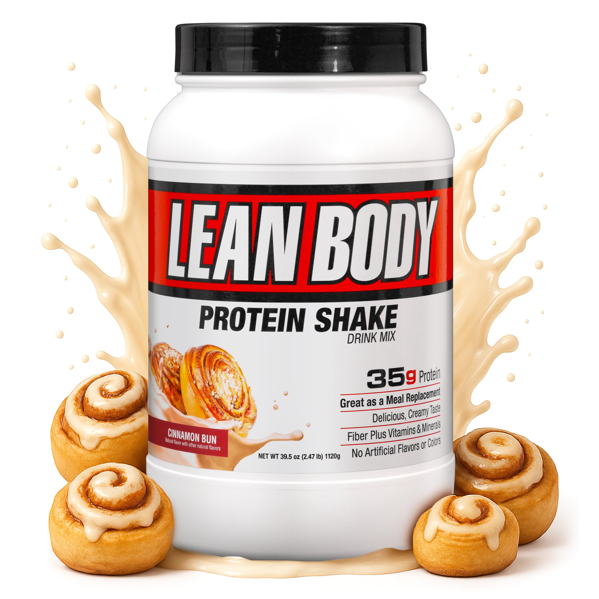 Labrada Lean Body Cinnamon Bun jug displaying high-protein meal replacement for muscle support