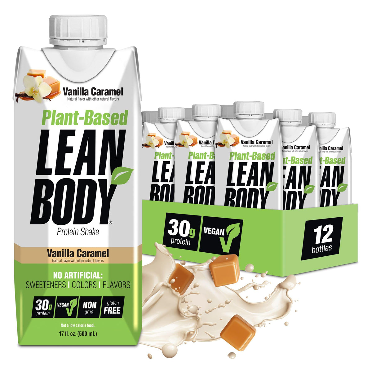 Labrada Lean Body plant-based vanilla caramel shake poured into a glass for post-workout refuel