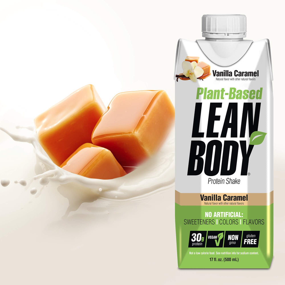 Labrada Lean Body plant-based vanilla caramel shake being poured from bottle
