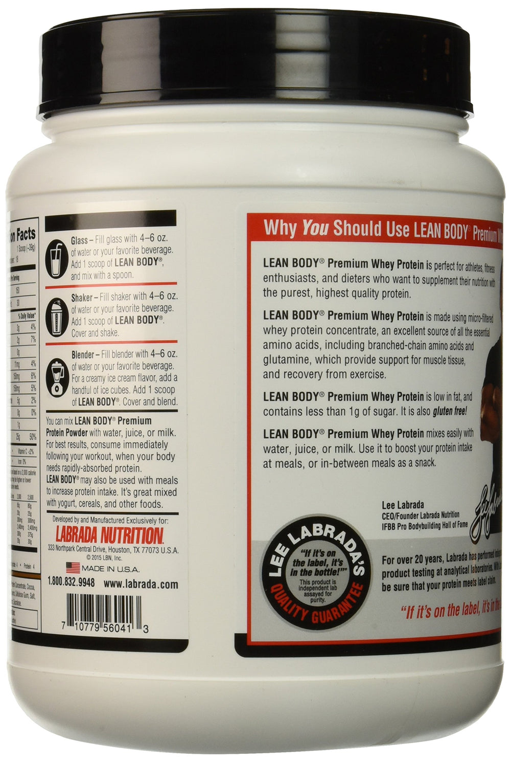 Labrada Lean Body Premium Whey Chocolate mixing glass illustrates quick shake after workouts.