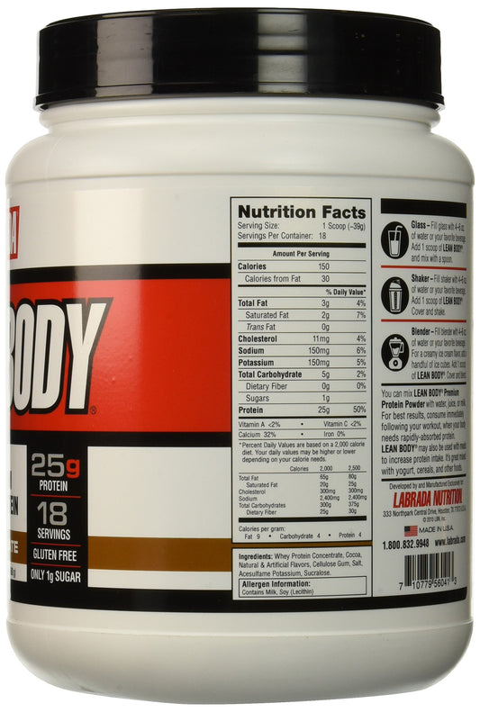 Labrada Lean Body Premium Whey Chocolate serving scoop highlights convenient daily protein.