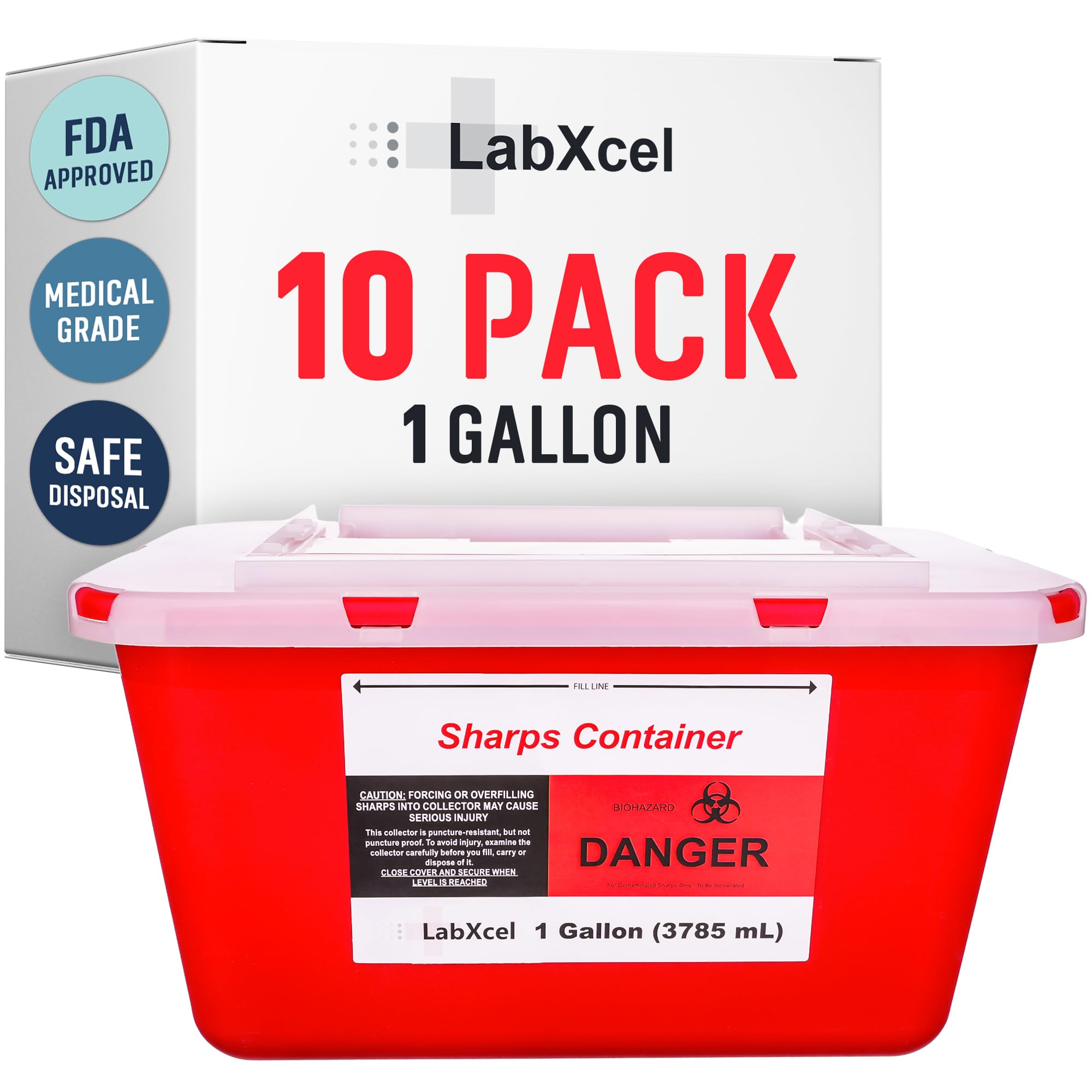 LabXcel 1 gallon sharps container with red cap for safe disposal in clinics and homes.