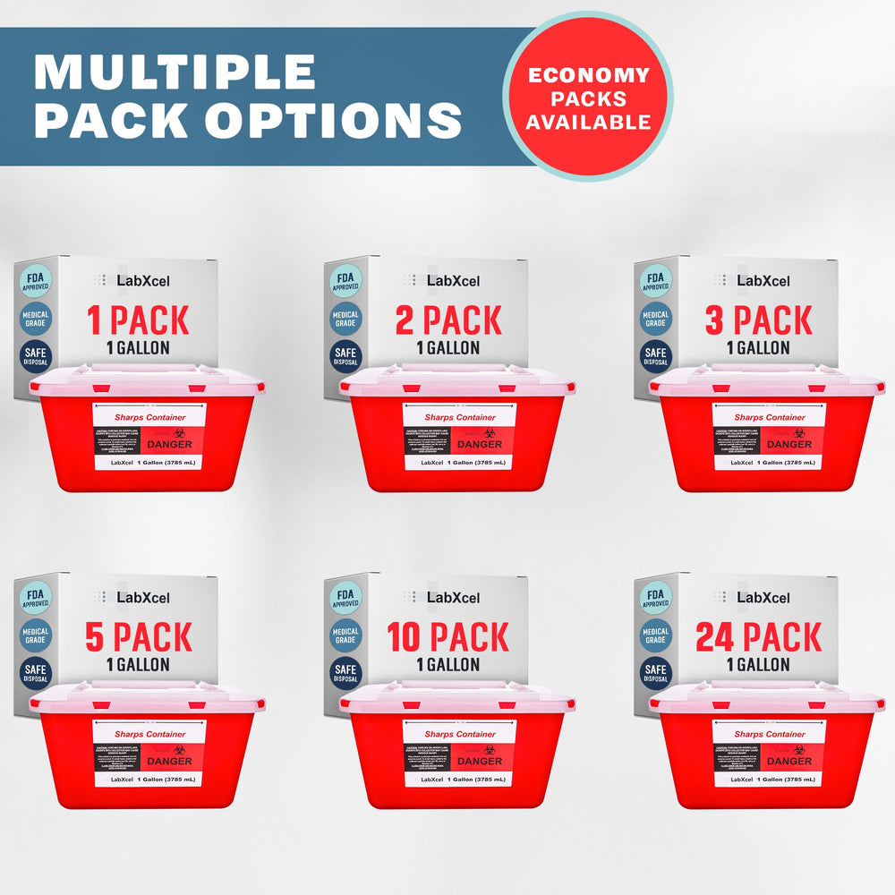 LabXcel 10-pack sharps containers ideal for clinics and large households.