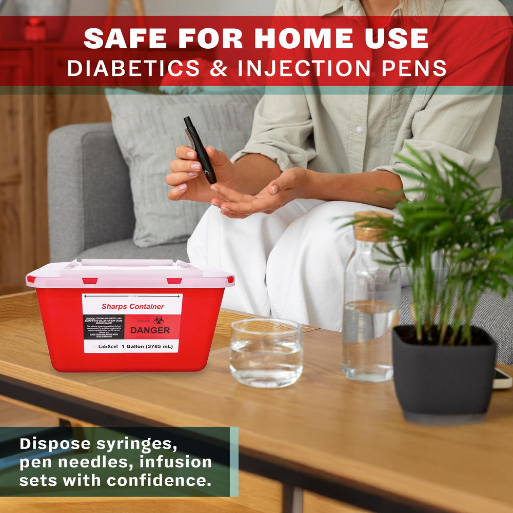 LabXcel free-standing 1 gallon sharps bin on a counter.