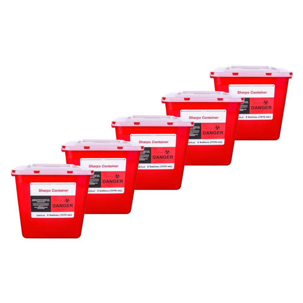 LabXcel Sharps Container 2-Gallon Pack front view for safe clinical waste disposal.