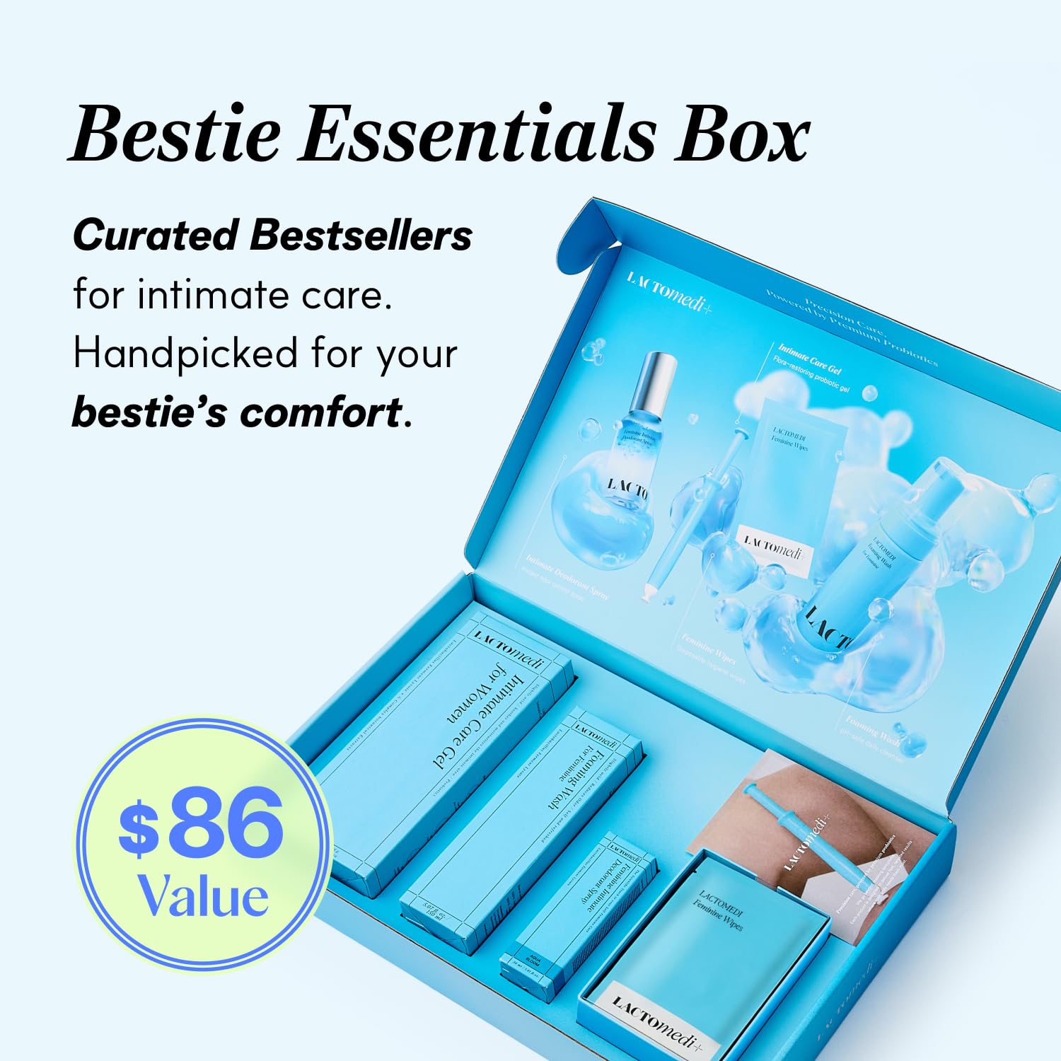 LACTOMEDI Bestie Box probiotic foaming wash with soft bubbles for refreshing cleansing.