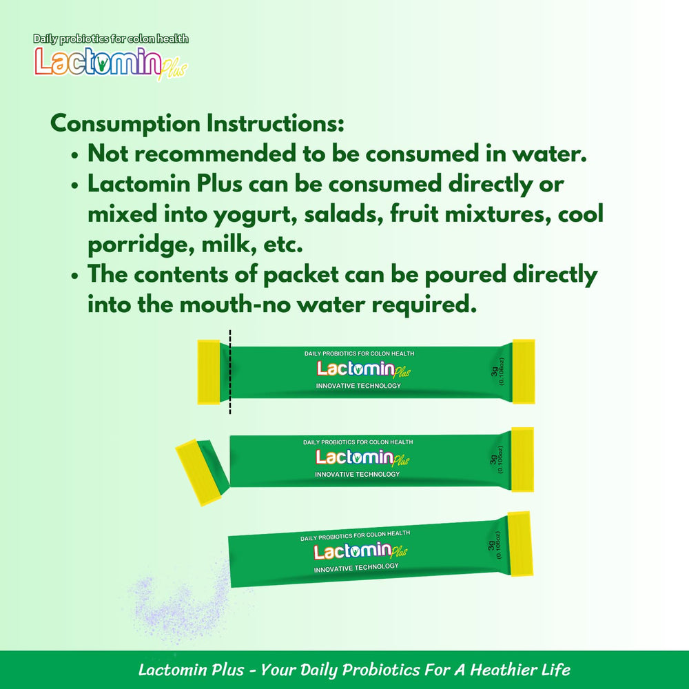 Pour directly into mouth—no water needed with Lactomin Plus
