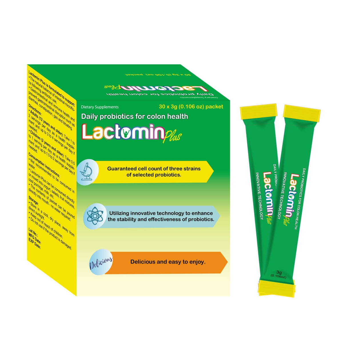 Lactomin Plus probiotic sticks showing vanilla powder for daily support