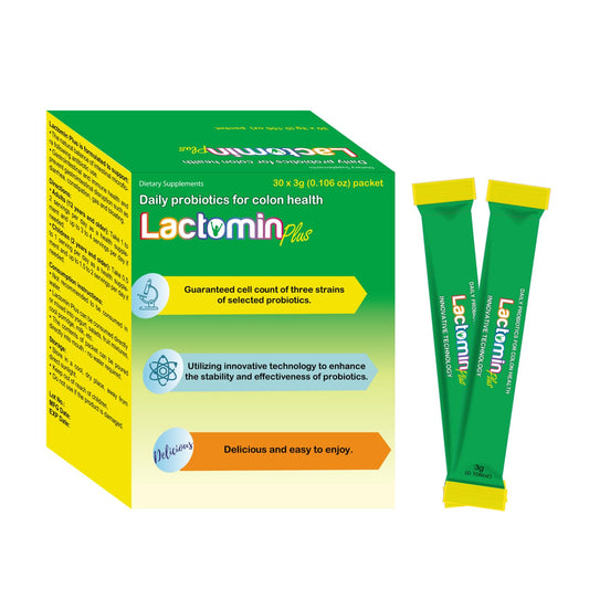 Lactomin Plus probiotic sticks showing vanilla powder for daily support