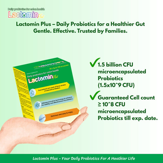 Lactomin Plus three-strain blend portrait highlighting digestive balance