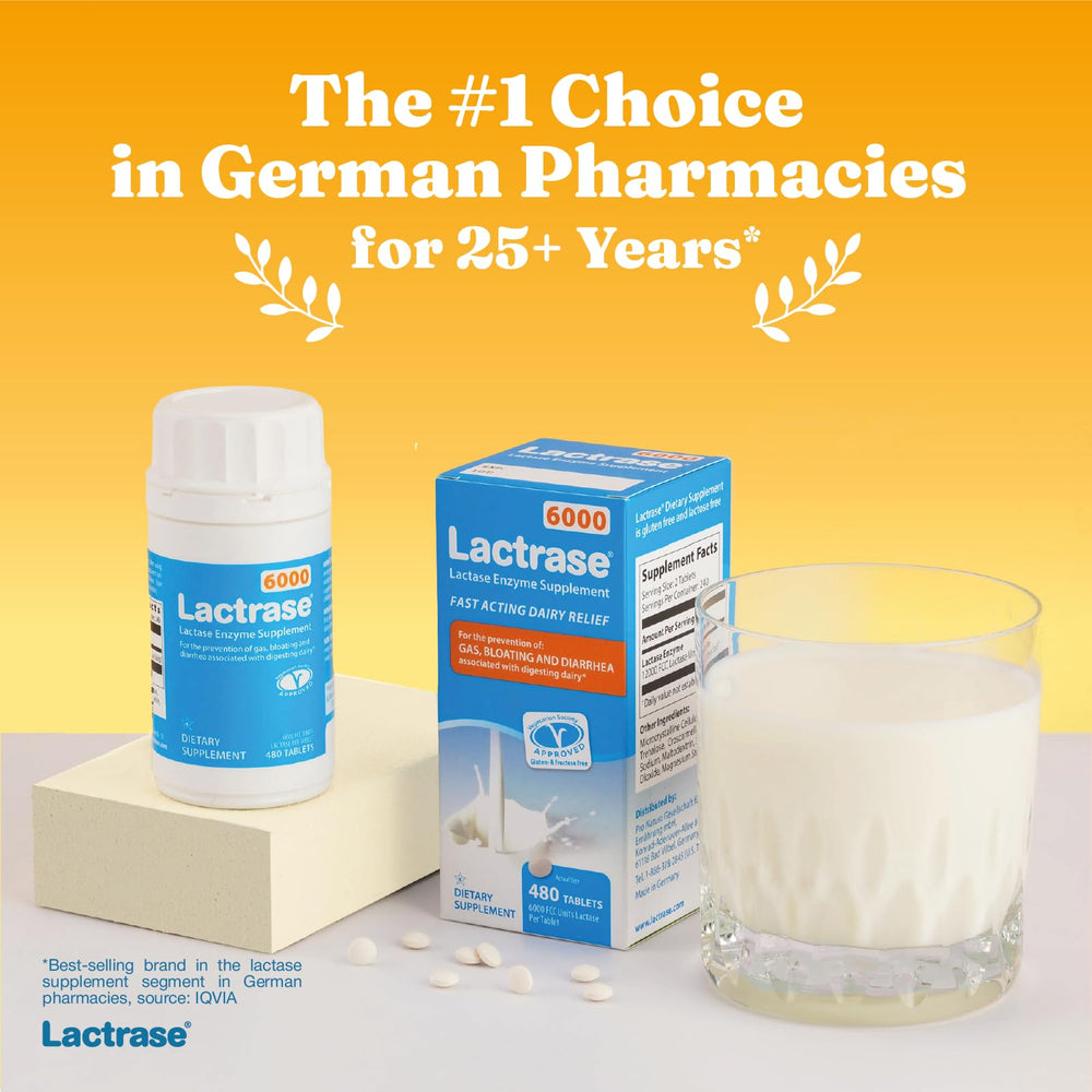 Lactrase 6000 FCC pills for fast lactose digestion.