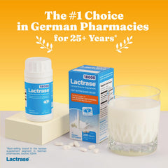 Lactrase extra-strength tablets close-up; high-potency lactase for quicker dairy digestion.
