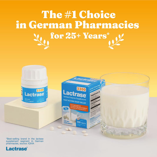 Lactrase lactase 3300 FCC tablets deliver high enzyme units for fast digestion.