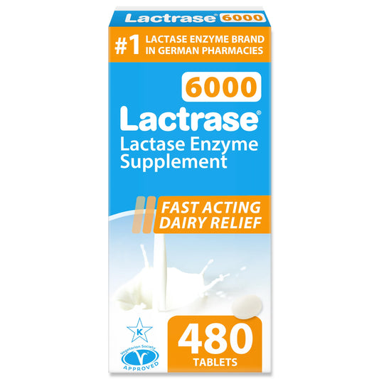 Lactrase refill pack with 480 tablets for convenient family dairy use.