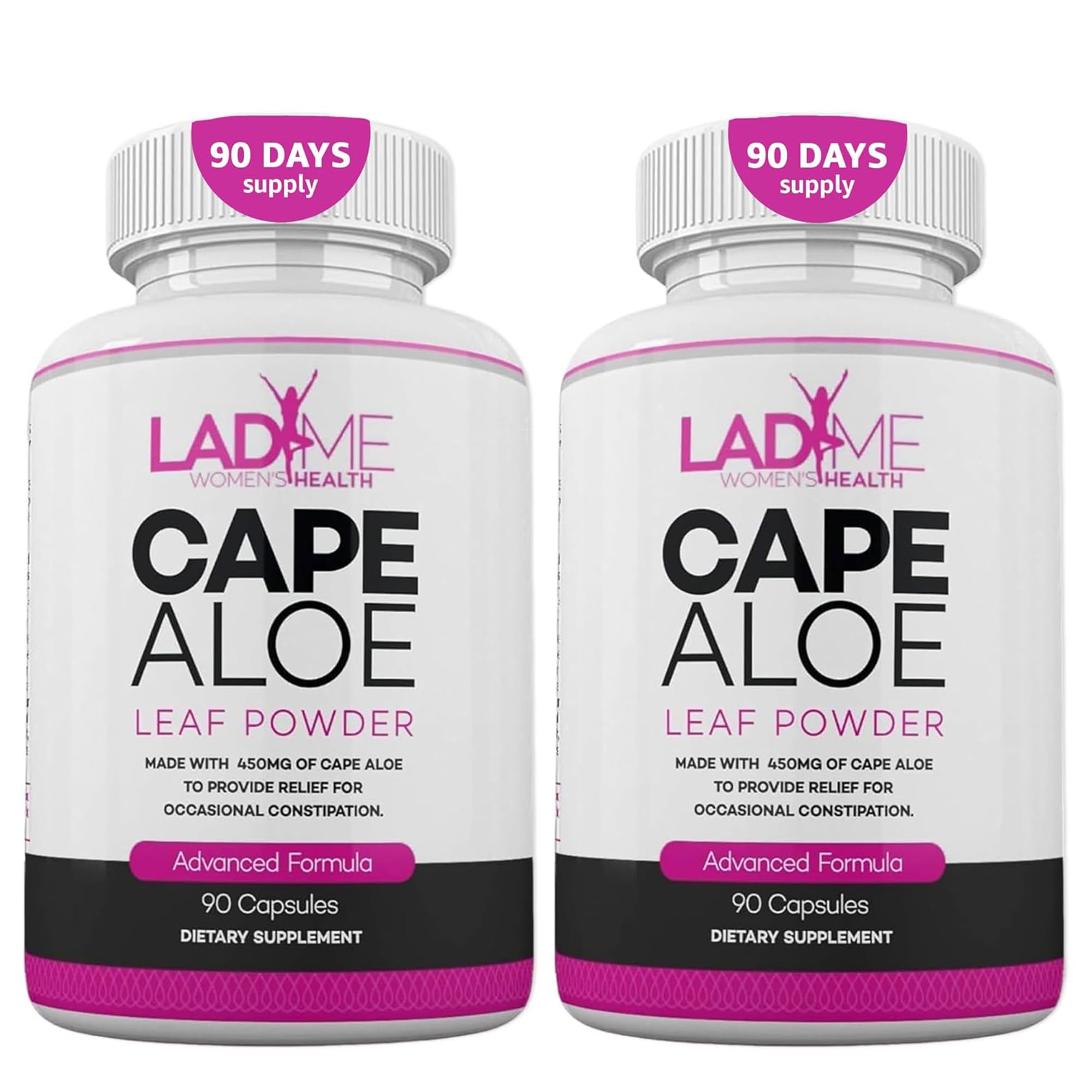 LadyMe Pure Cape Aloe capsules bottle front for women's occasional constipation relief