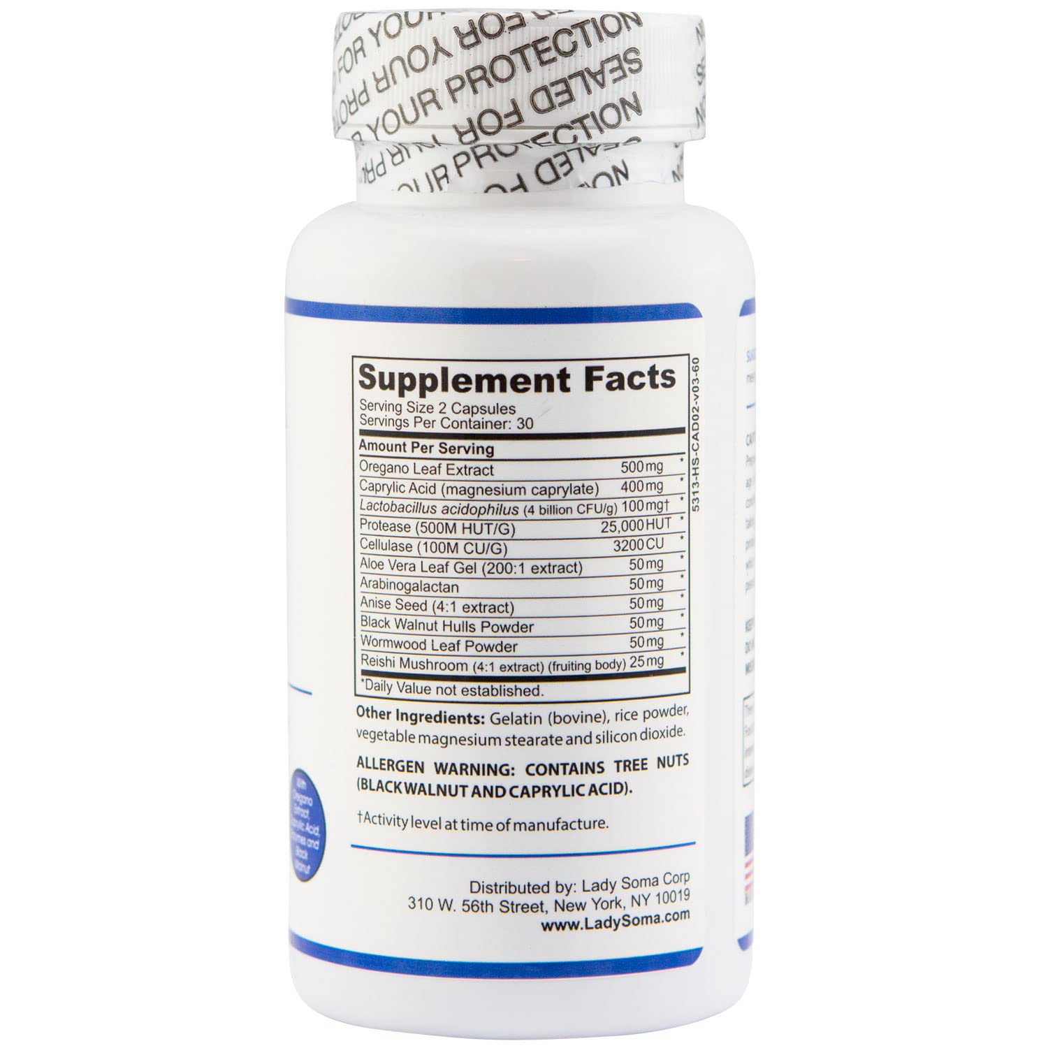 Closeup of Lady Soma Candida Complex label highlighting gentle formula