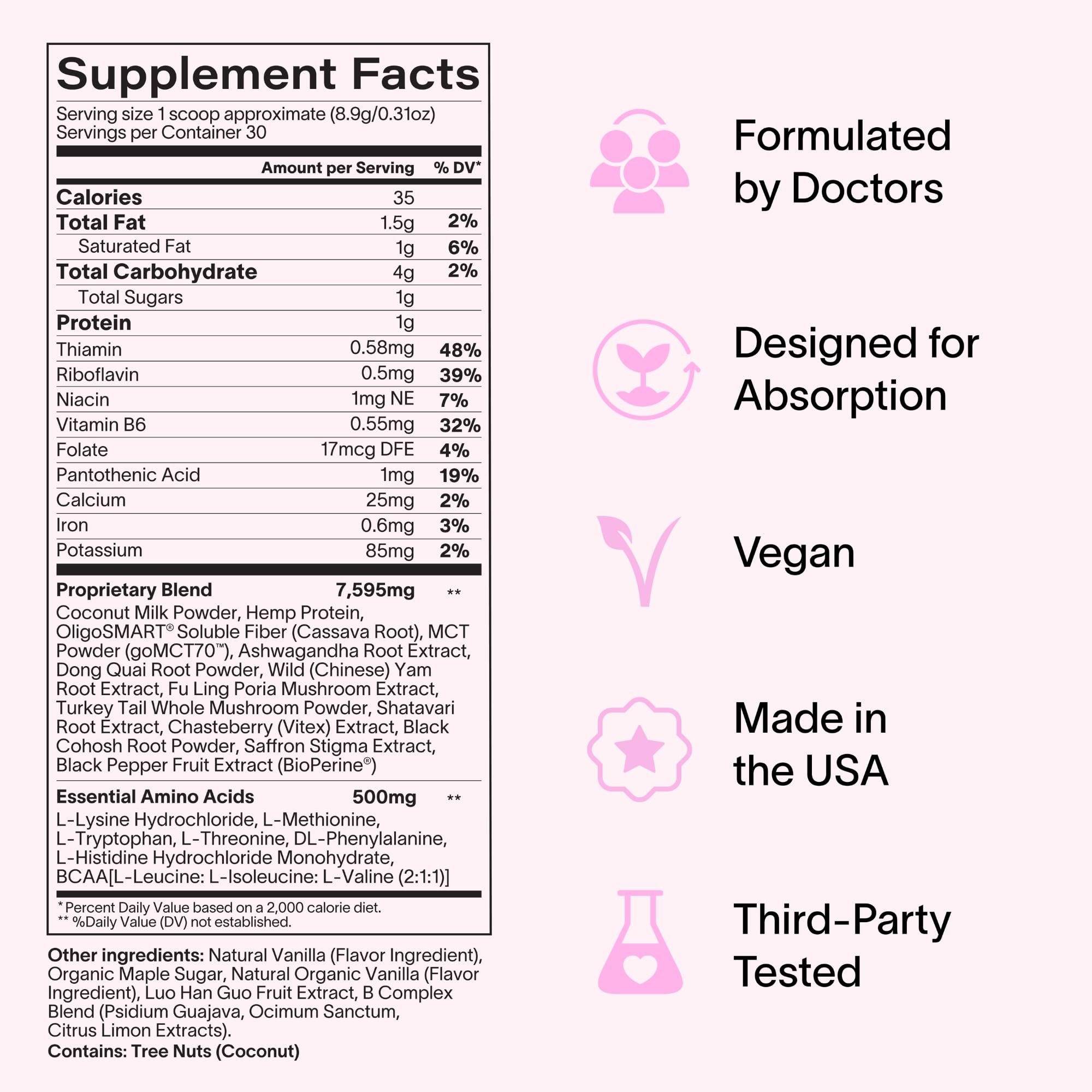 Label close-up noting vegan and caffeine-free benefits.