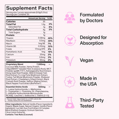 Label close-up noting vegan and caffeine-free benefits.