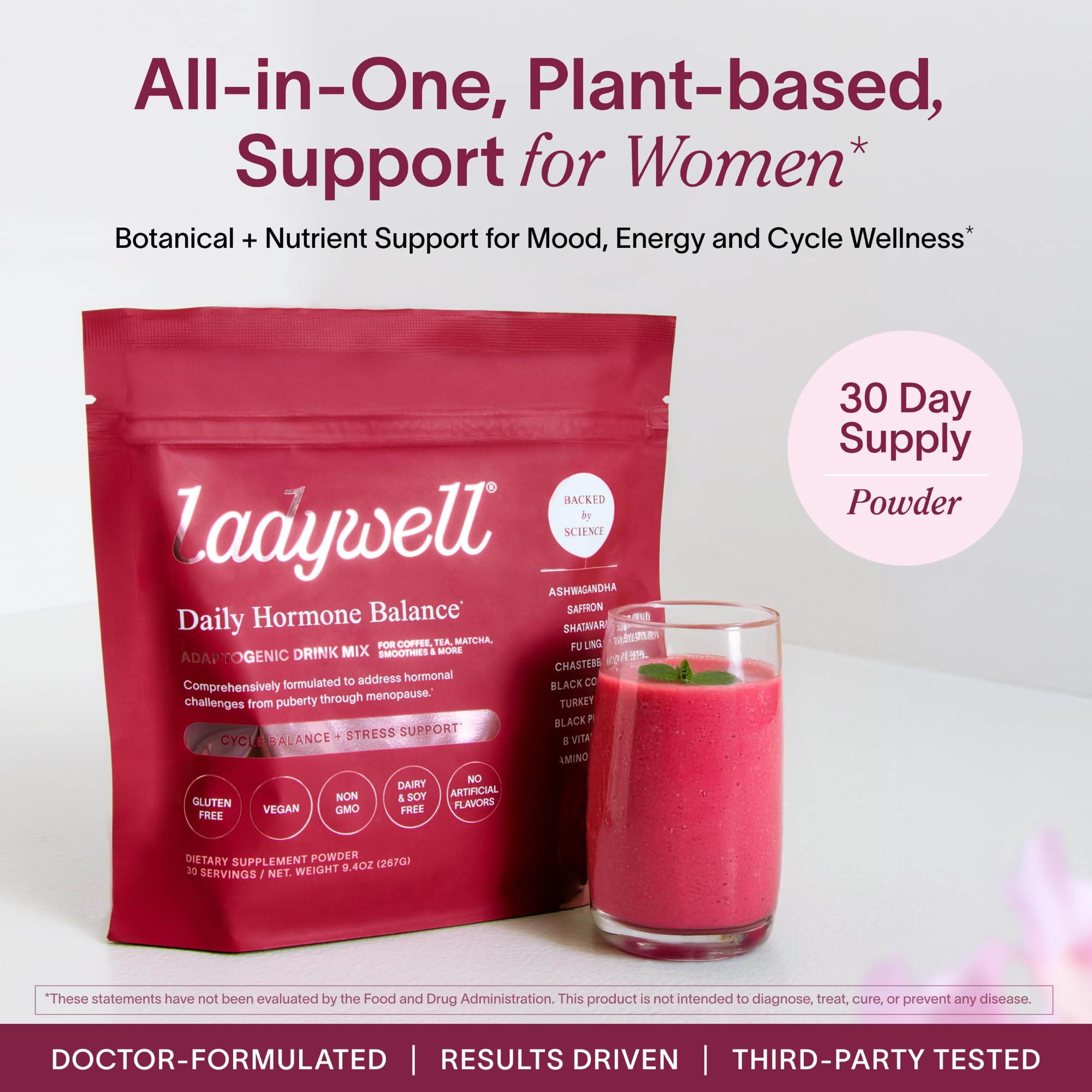 Scoop of Ladywell powder ready to blend into smoothies for energy and nutrients.