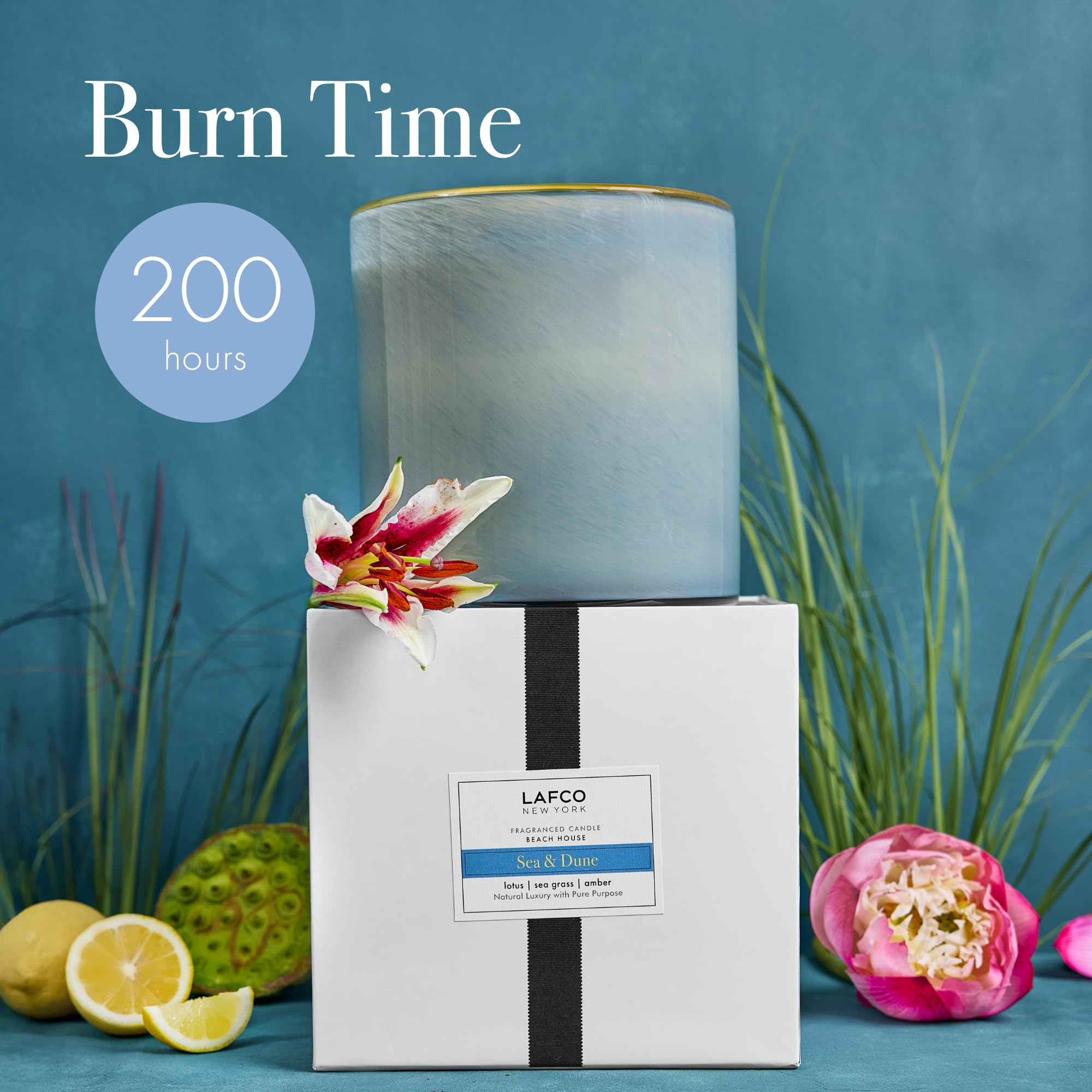 Blue lotus and sea grass notes deliver a coastal scent ideal for evenings.