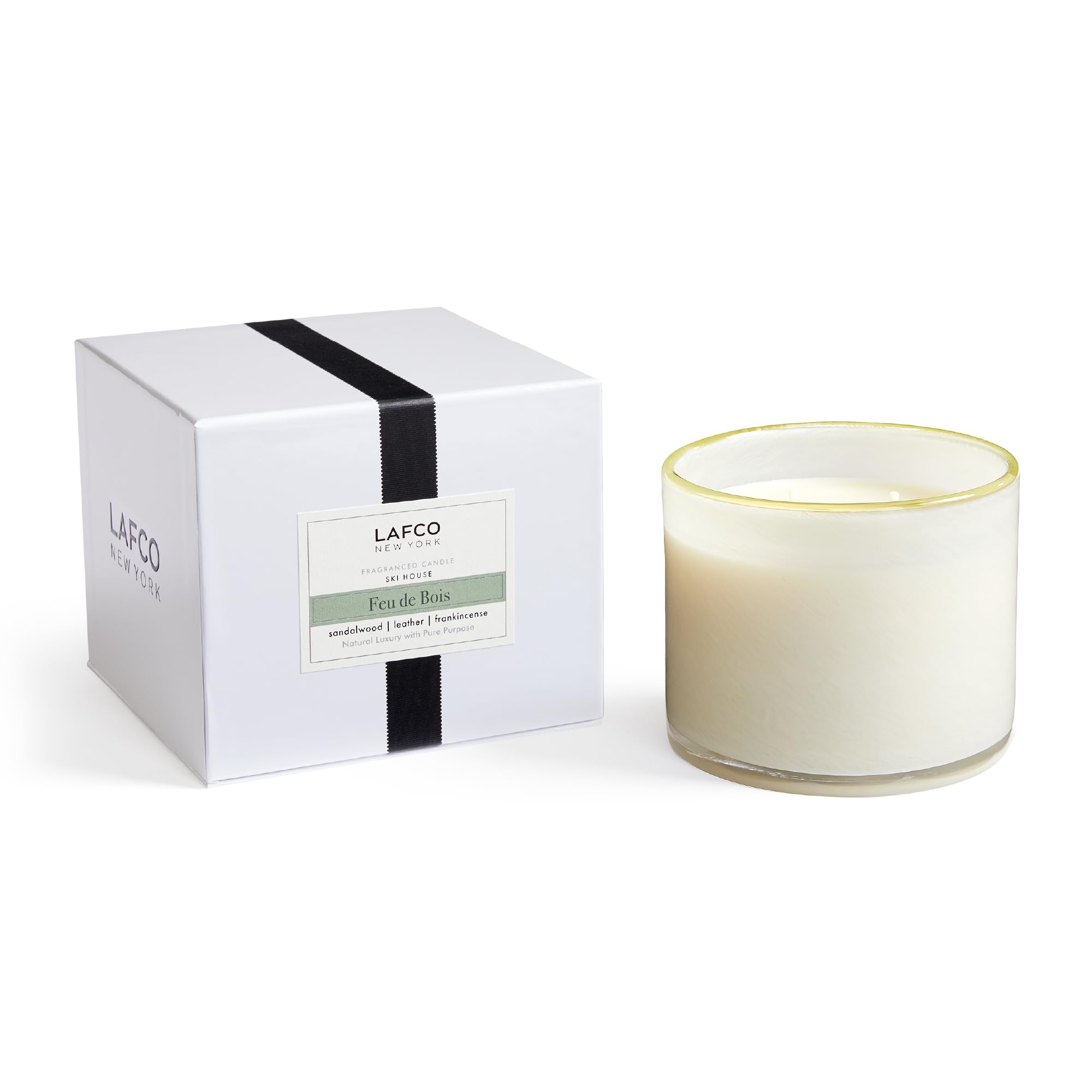 LAFCO New York Feu de Bois 30oz 3-wick candle in a hand-blown glass vessel for ambient fragrance