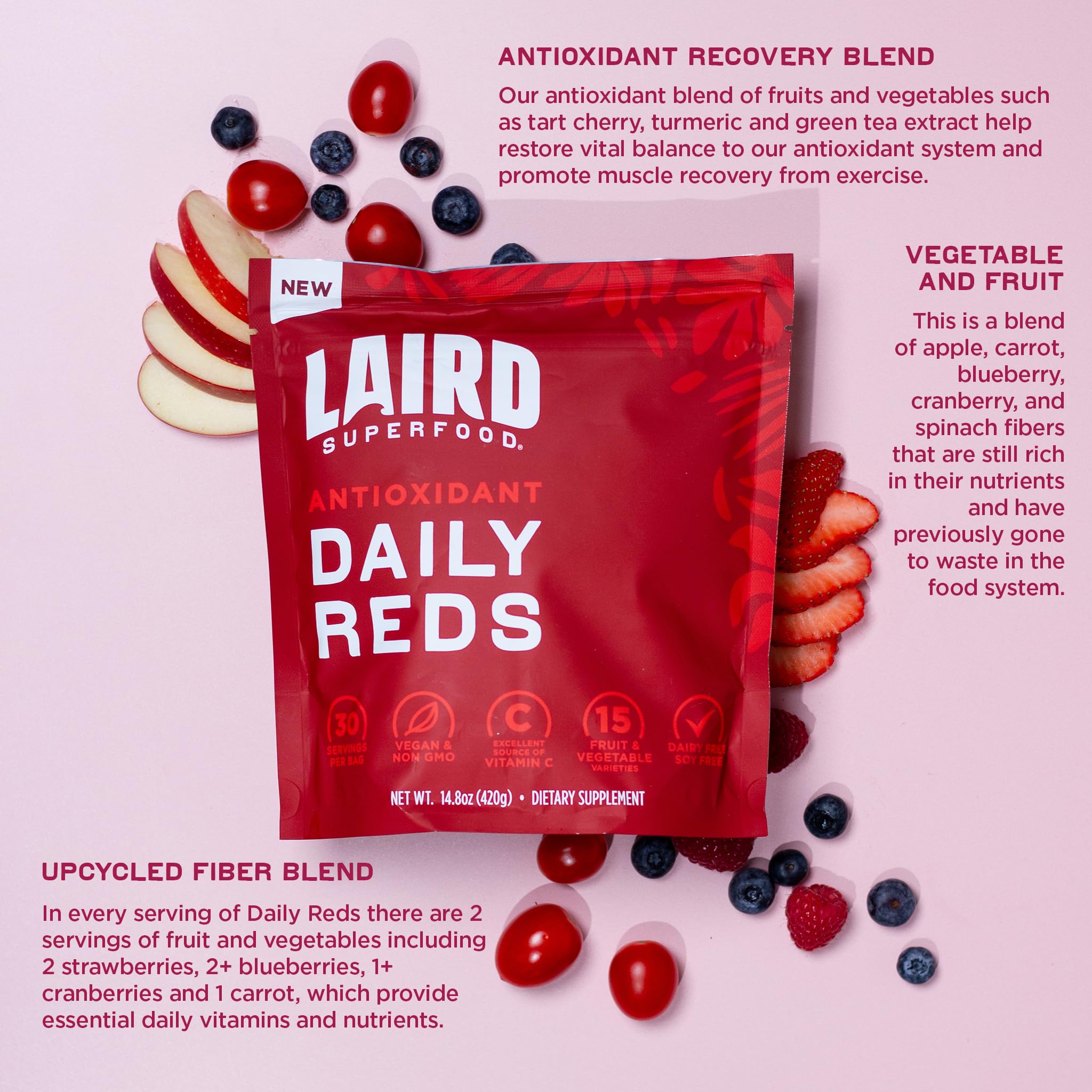 Laird Superfood Daily Reds powder being poured into a glass for quick hydration