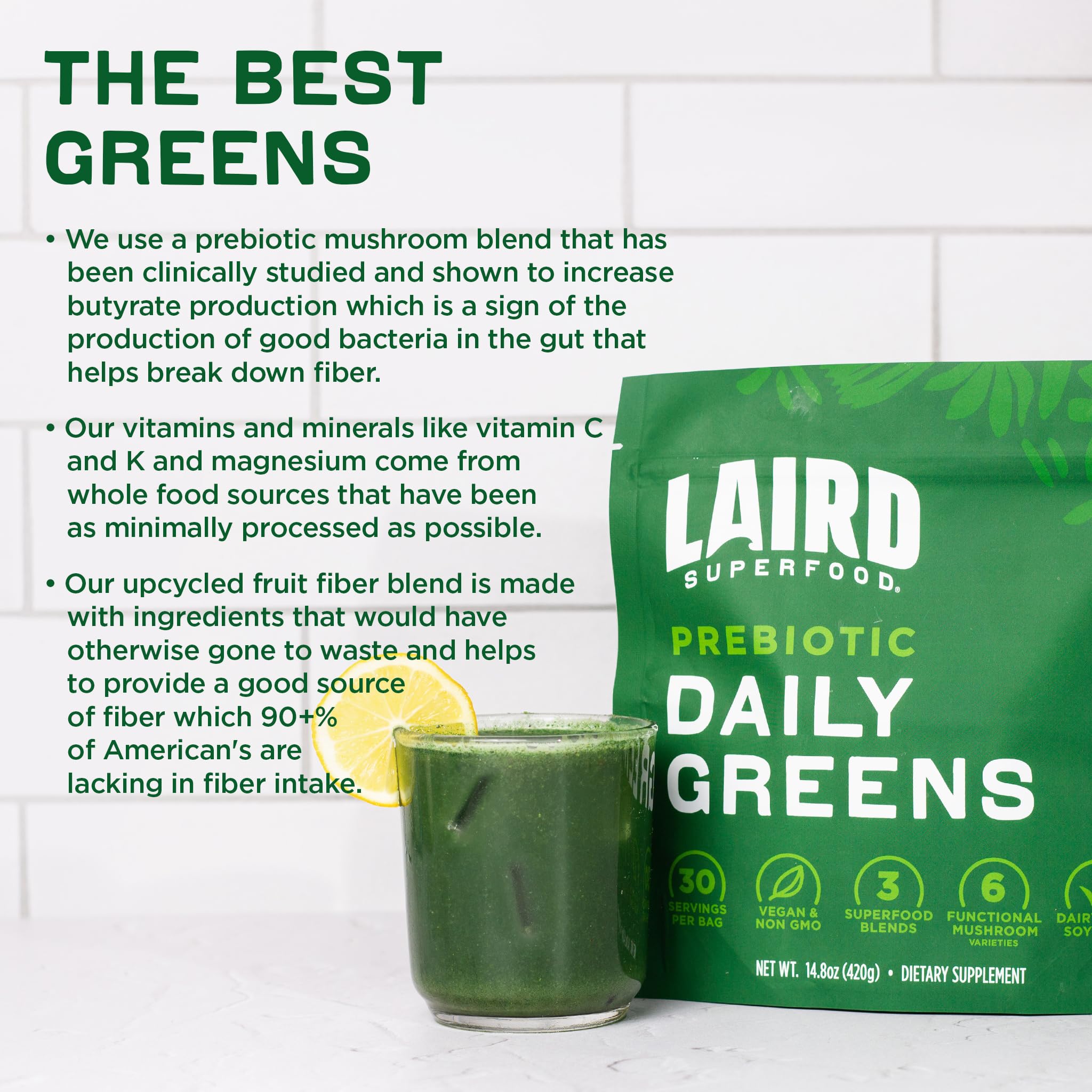 Laird Superfood Prebiotic Daily Greens bag top-view emphasizes convenient morning routine
