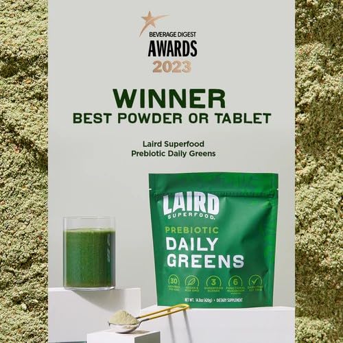 Laird Superfood Prebiotic Daily Greens ingredients image highlights fruits, vegetables, and adaptogens