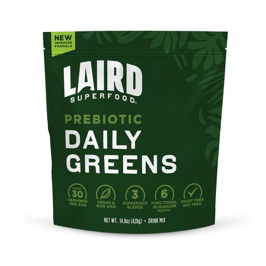 Laird Superfood Prebiotic Daily Greens powder bag front shows vegan, non-GMO nutrition for daily wellness
