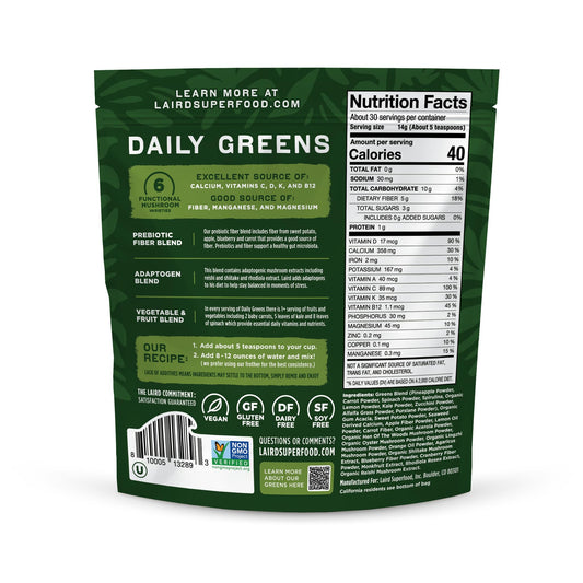 Laird Superfood Prebiotic Daily Greens label closeup highlights vitamin blend