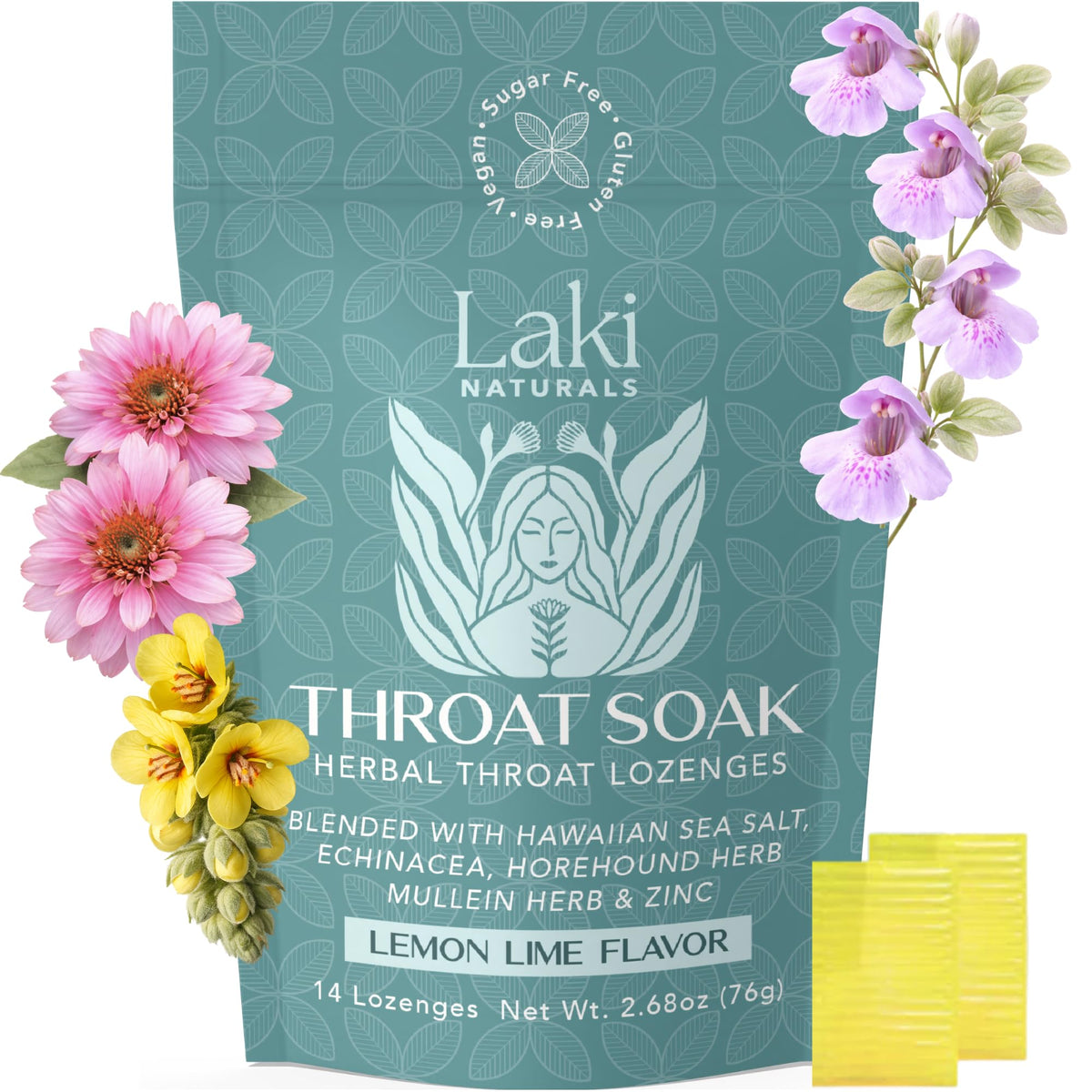 Laki Naturals Throat Soak Lozenges 2-pack display for convenient soothing on the go
