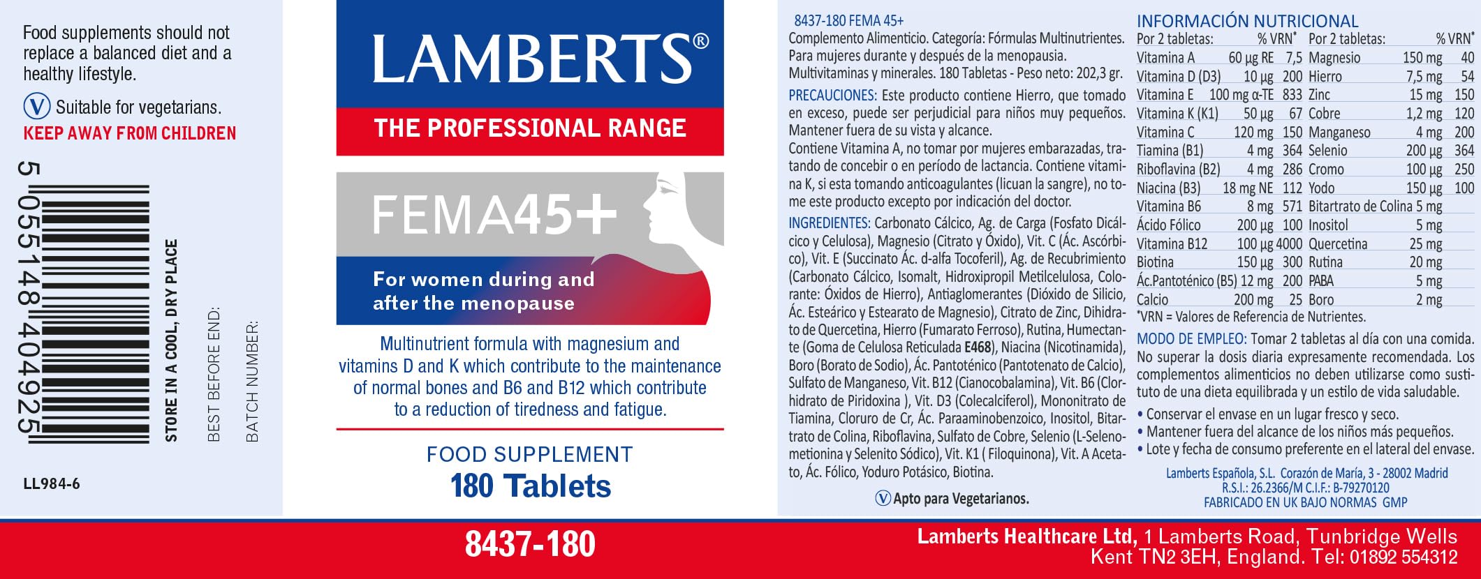 Lamberts FEMA45+ capsules arranged to show 28 essential nutrients for energy