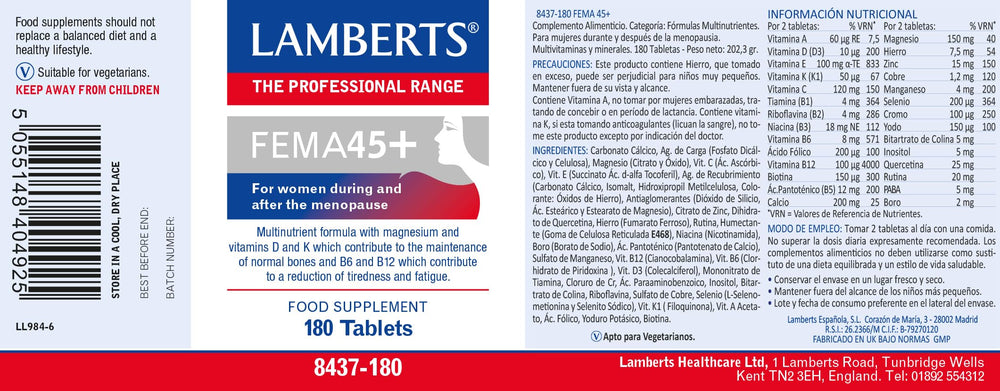 Lamberts FEMA45+ capsules arranged to show 28 essential nutrients for energy