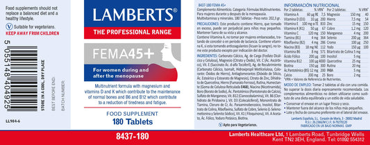 Lamberts FEMA45+ capsules arranged to show 28 essential nutrients for energy