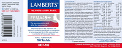 Lamberts FEMA45+ capsules arranged to show 28 essential nutrients for energy