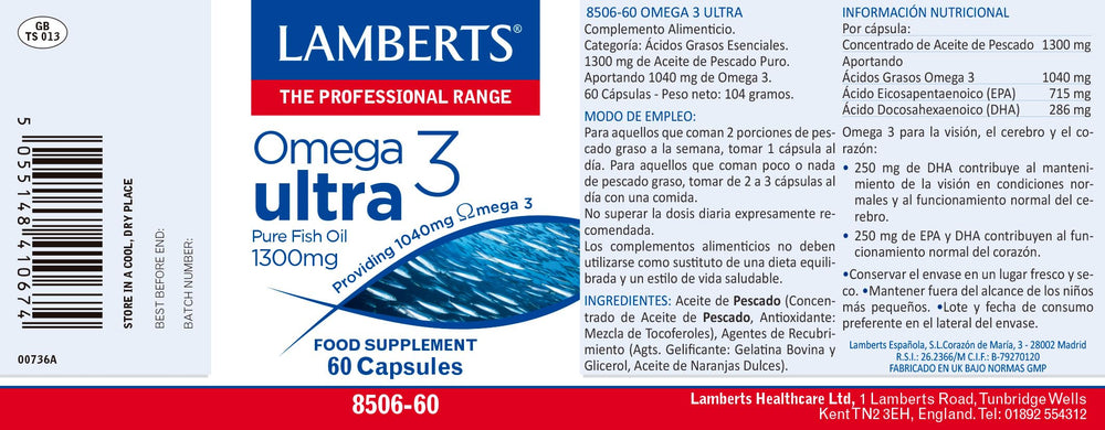 Lamberts Omega 3 Ultra capsules ready for easy daily intake with EPA and DHA.