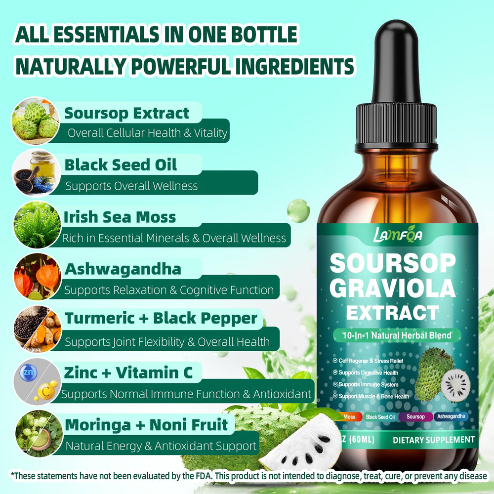 LAMFQA Soursop Bitters bottle highlighting turmeric and black pepper for absorption
