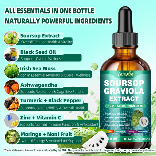 LAMFQA Soursop Bitters bottle highlighting turmeric and black pepper for absorption