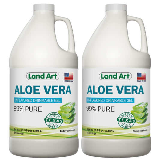Land Art Aloe Vera gel bottle front showing 99.7% pure, organic formula for daily wellness.