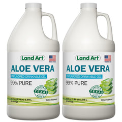 Land Art Aloe Vera gel bottle front showing 99.7% pure, organic formula for daily wellness.