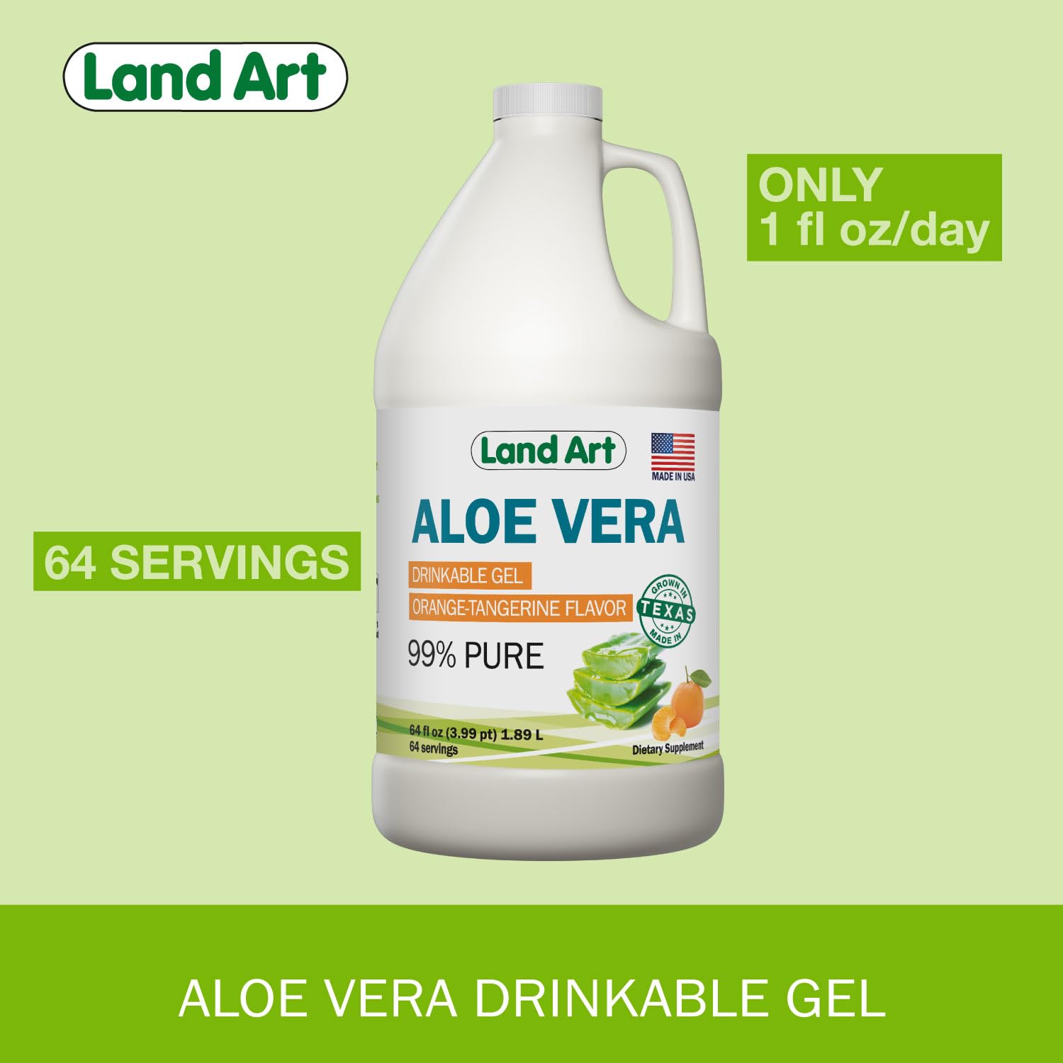 Aloin-free Land Art Aloe Vera bottle highlighted for pure drinking gel