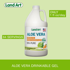 Aloin-free Land Art Aloe Vera bottle highlighted for pure drinking gel